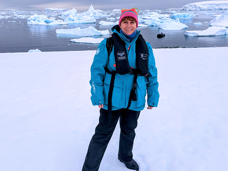 Lucy in a Swan Hellenic jacket while setting foot on the continent 