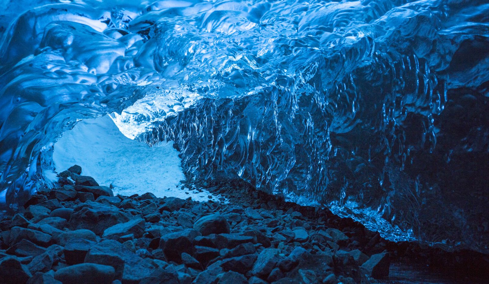Inside a Blue Ice Cave in the heart of a glacier near Jokulsarlon, Vatnajokull National Park, Iceland